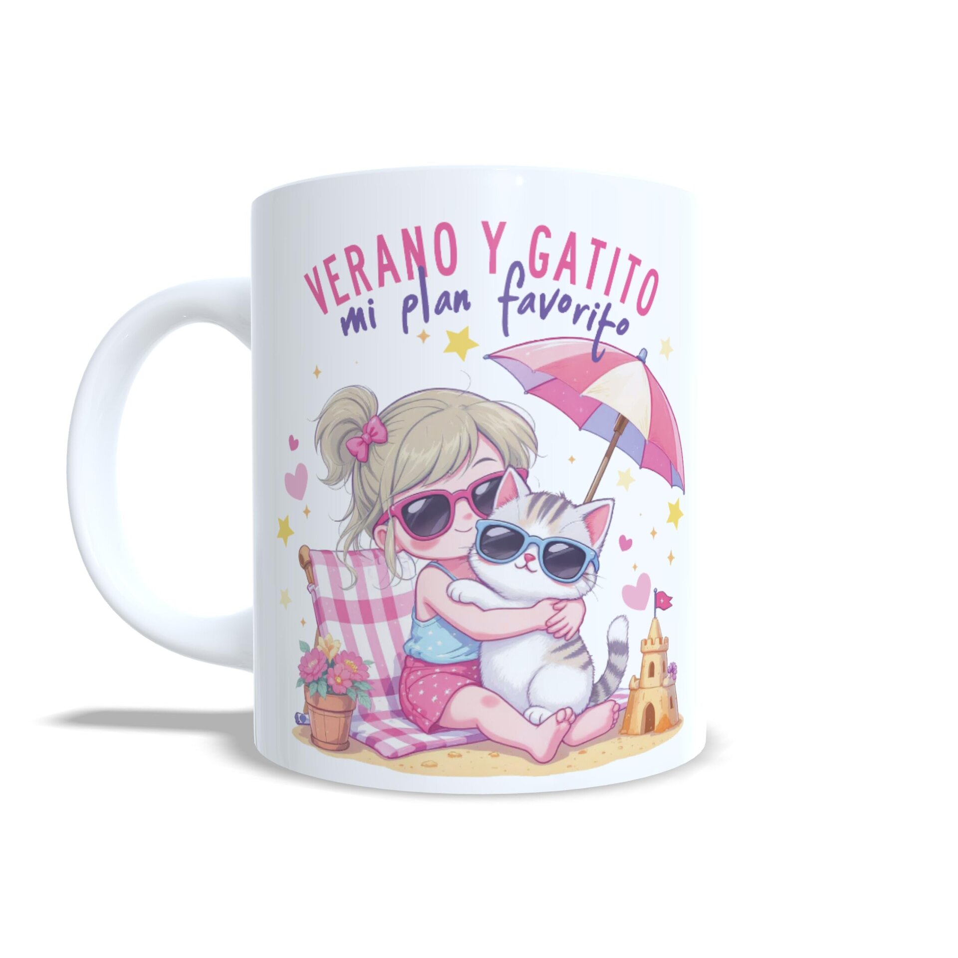 Taza personalizada verano y gatito mi plan favorito rubia playa y sombrilla - 6